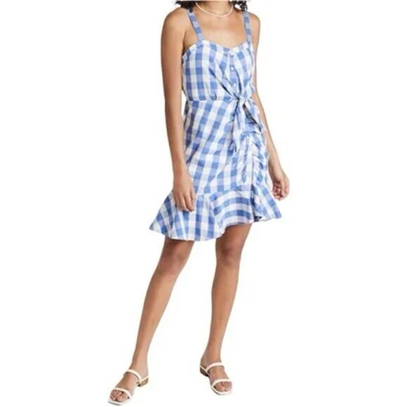 LIKELY "Minka" Blue and White Gingham Plaid Ruffle Hem Mini Dress US 14 - Picture 2 of 11